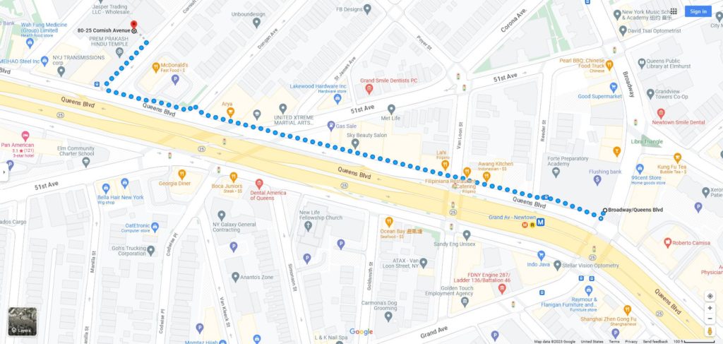 Walking directions from the intersection of Broadway and Queens Boulevard to the Event Location.